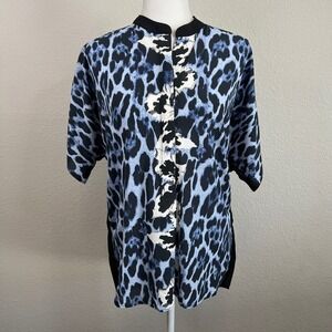 Alberto Makali Animal Print Blouse Women's M Sheer Back Leopard Blue Dolman Bold